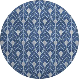 HomeRoots 673732 8 ft. Navy Blue & Gray Geometric Washable Round Area Rug - Antislip, Dual-Colored, Full-Sized Dark Blue Area Rug with UV Protection, Antislip Area Rugs, Blue Area Rugs