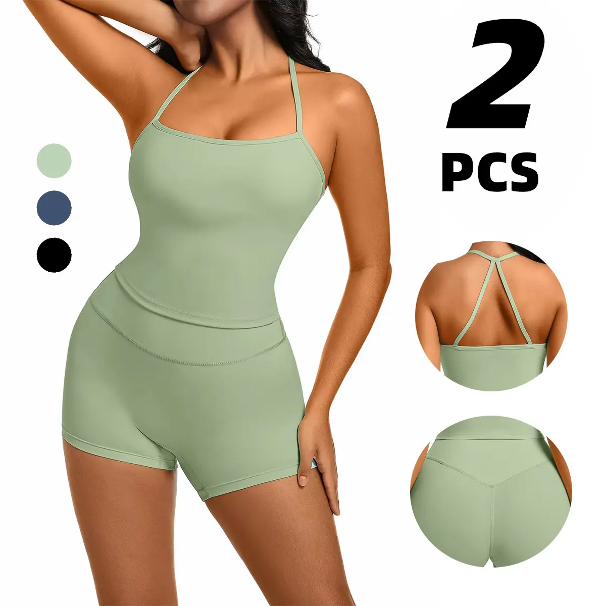 Women's 2-Piece Skinny Sportswear Set, Solid Color Activewear Running Gym Workout Sets - High-Waisted Shorts, Neck-Wrap Top, Outdoor Sports Clothing for Fitness, Yoga