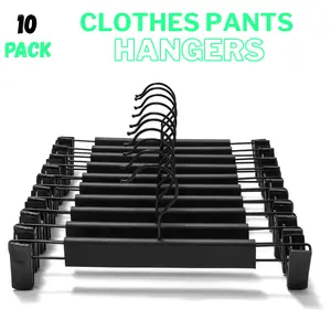 10 Pack Clothes Pants Hangers, Space-Saving Skirt Holders with 360 ° Swivel Hooks, Adjustable Clips, Trouser Coat Garment Jeans Black