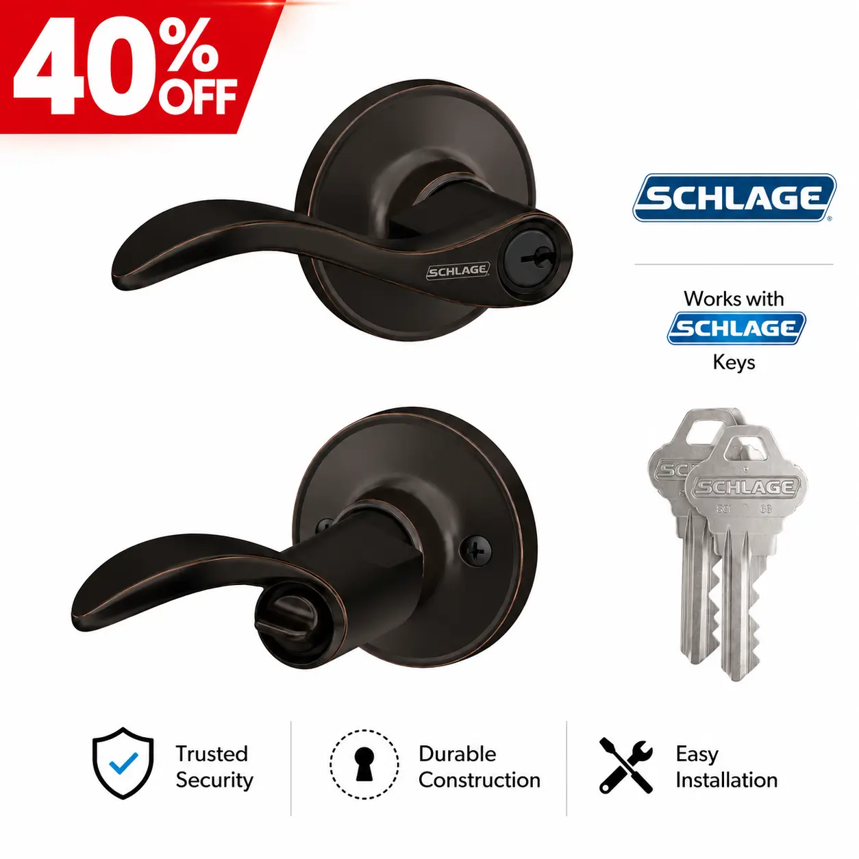 Schlage J54SEV716 Seville Keyed Entry Lever Handle, Aged Bronze, Durable Construction, Easy Installation Door Hardware for Lever and Door Handles