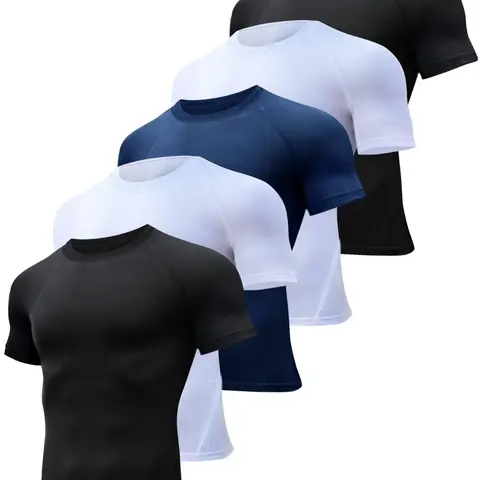 Men’s 5-Pack Short Sleeve Compression Shirts - Round Neck, UV+Dry Fast, Athletic Breathable Base Layer Undershirts for Gym/Run/Walk Summer Sports Tops,outdoorfun