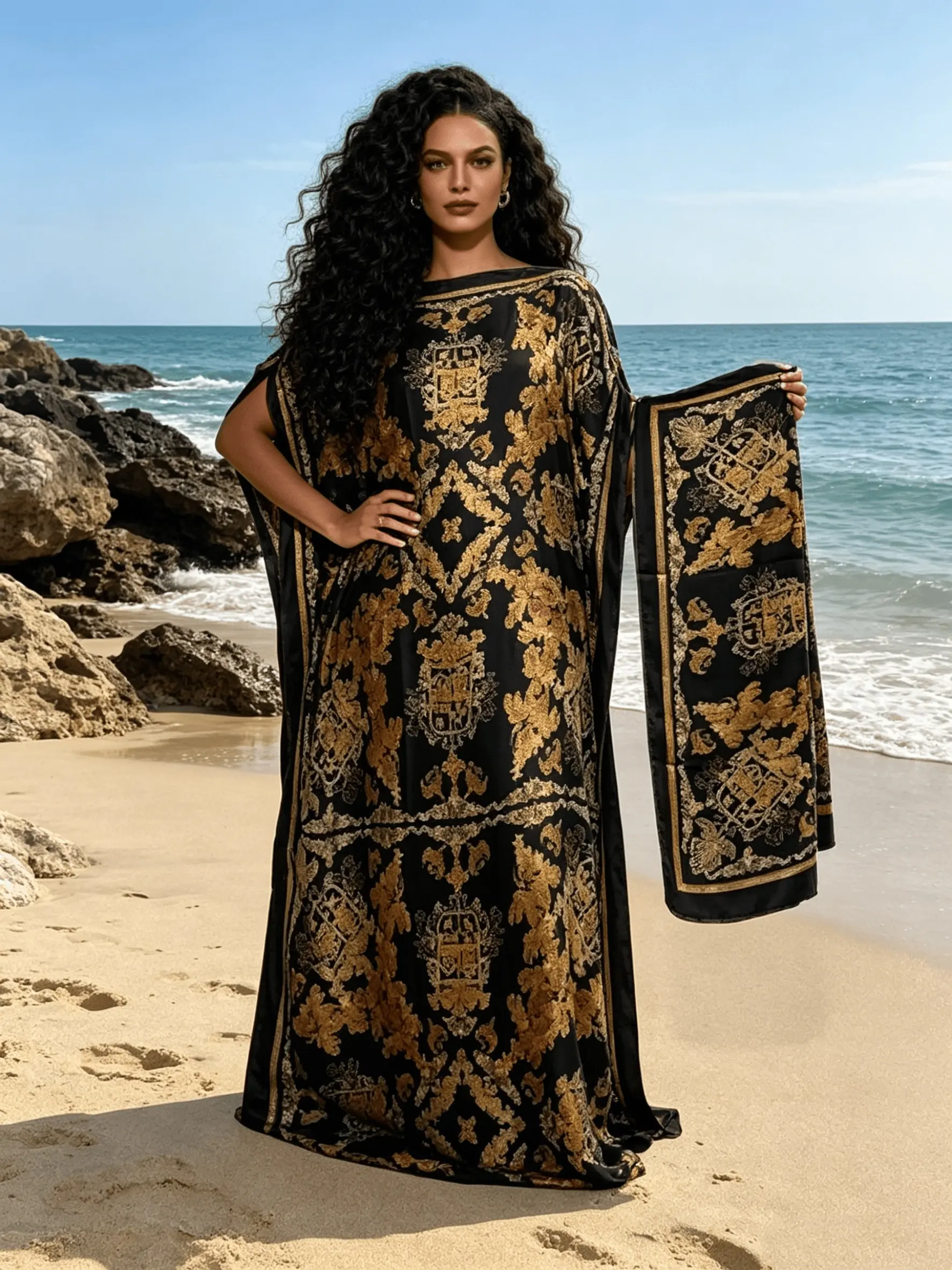 2026 New Women's 2 Piece Black Gold Baroque Print Kaftan Maxi Dress with Matching Headscarf, Silky Loose Pleated Robe, Plus Size Friendly, Beach Cover Up, Resort Vacation & Luxury Evening Party Wear