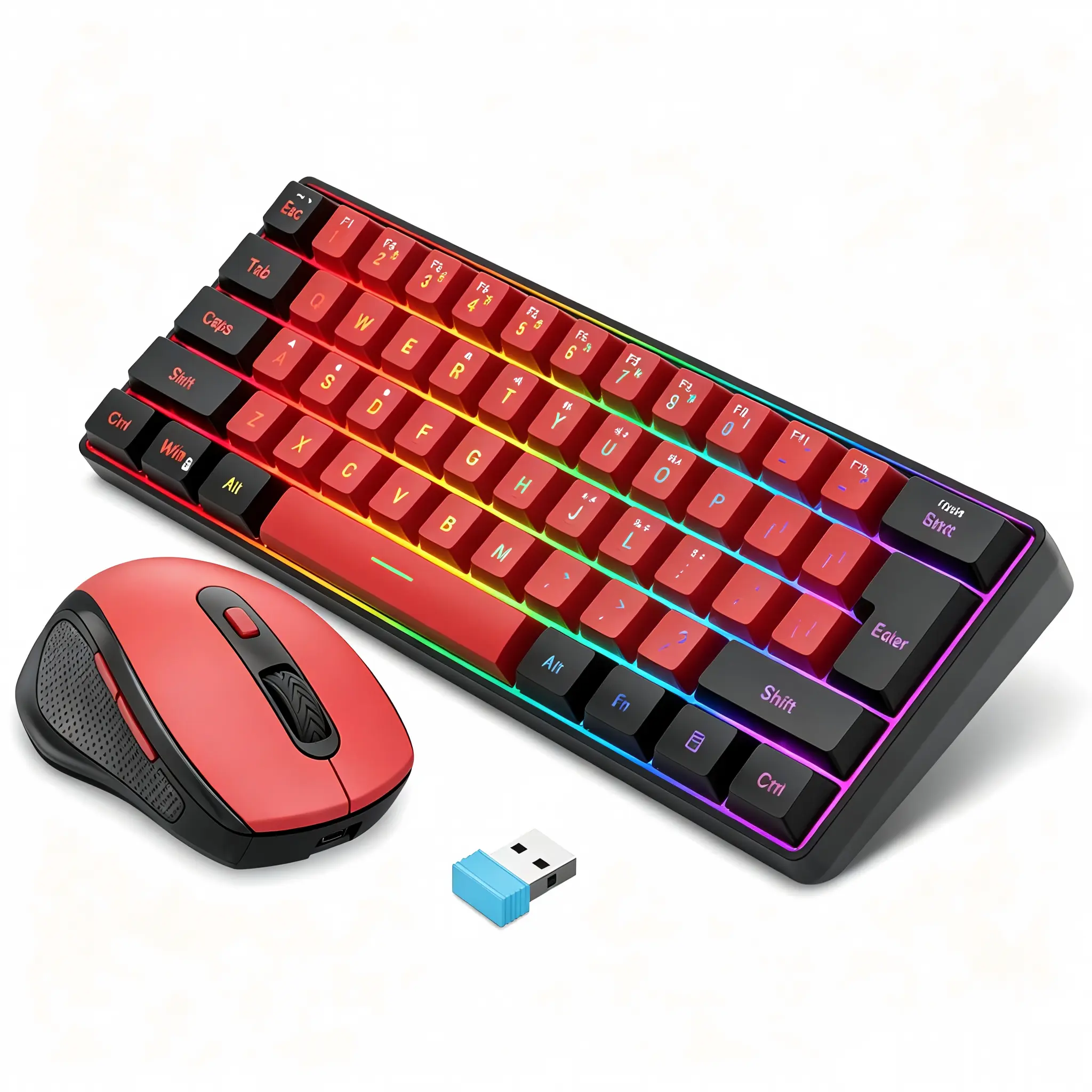 2.4G Wireless Gaming Keyboard and Mouse Combo, 60% Compact Membrane Keyboard with Simulated Mechanical Feel, Ergonomic Vertical Grip Mouse, Red & Black Portable Peripheral Set for PC Gamers