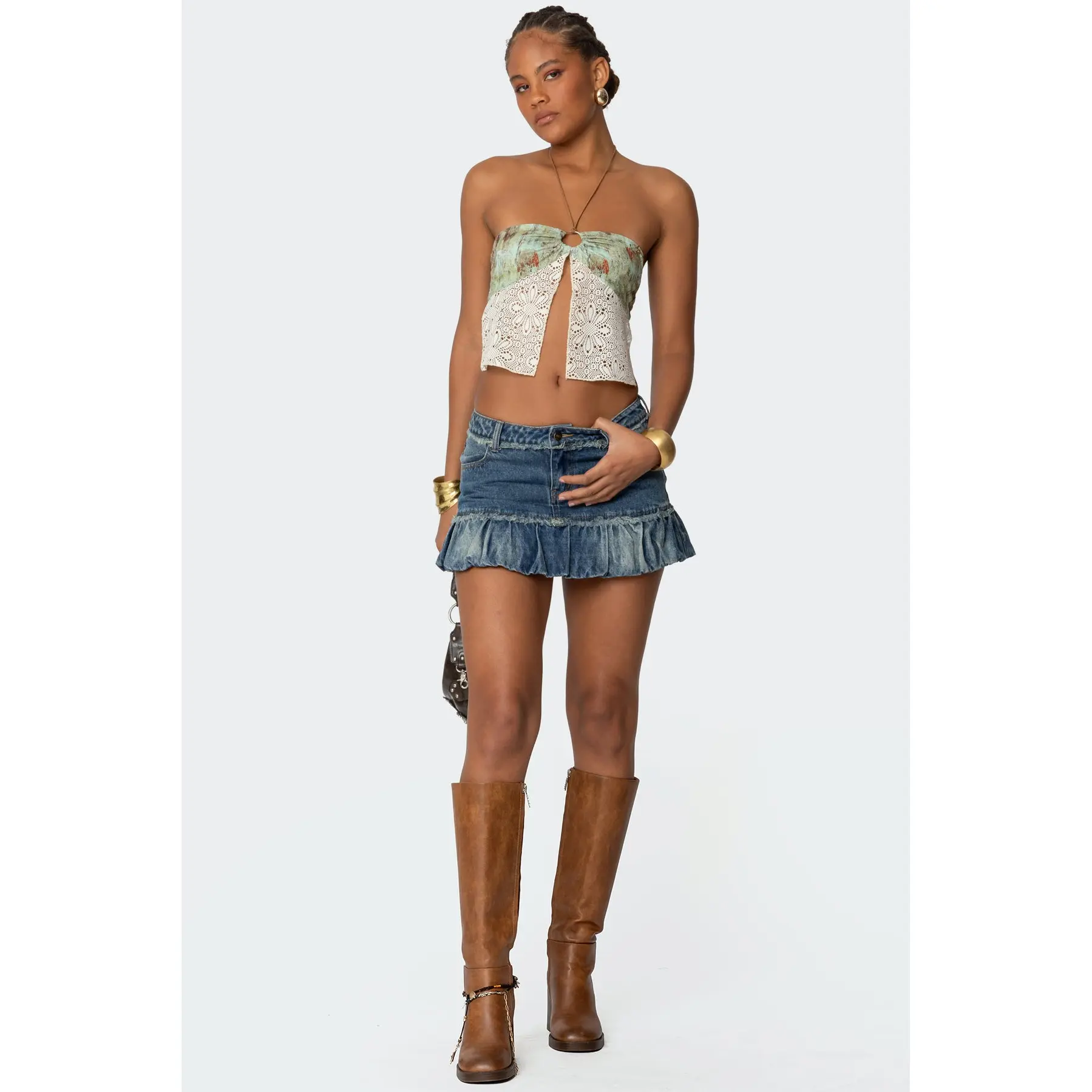 Bubble Hem Denim Mini Skirt