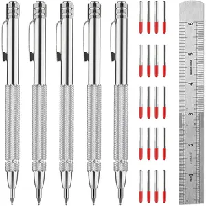 Tungsten Carbide Scriber Set for Metalworking - 5 Pens with 20 Tips & 6-Inch Ruler, Magnetic Knurled Engraving Tool for Steel/Glass/Ceramics, Welding Scribe Kit