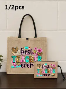 Creative Teacher Letter Print Linen Handbag, Casual Trendy Purses, Pen Notebook Floral Pattern, Large Bag with Small Bag, Shopping Bag, Tote Bags