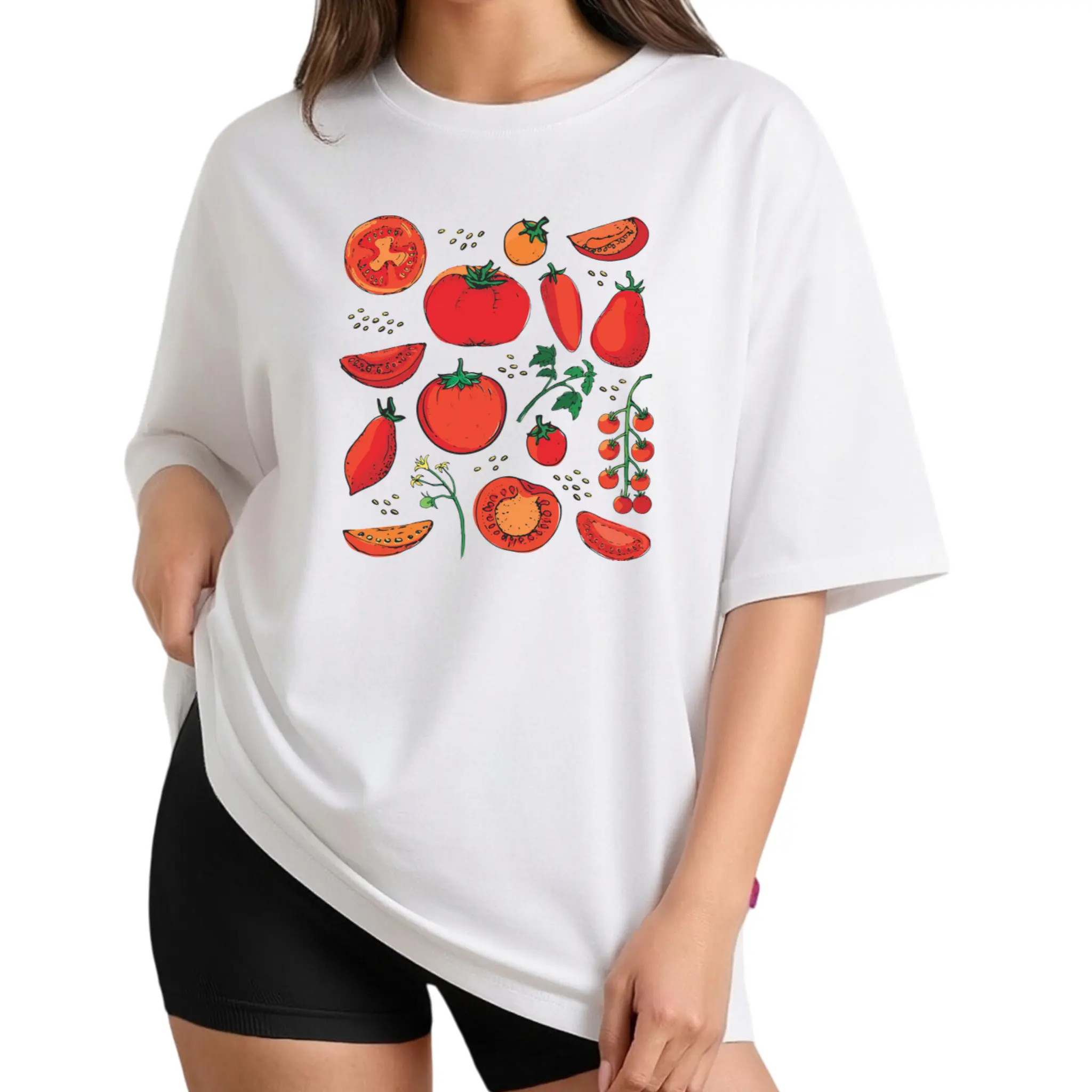 Wo's Casual Tomato Print T-Shirt - Short Sleeve Crew Neck Blouse-Compatible Top | Spring Summer Casual Attire | Machine Washable Tomato Drawing Tee | Non- Basic Shirt for Casual Outfits