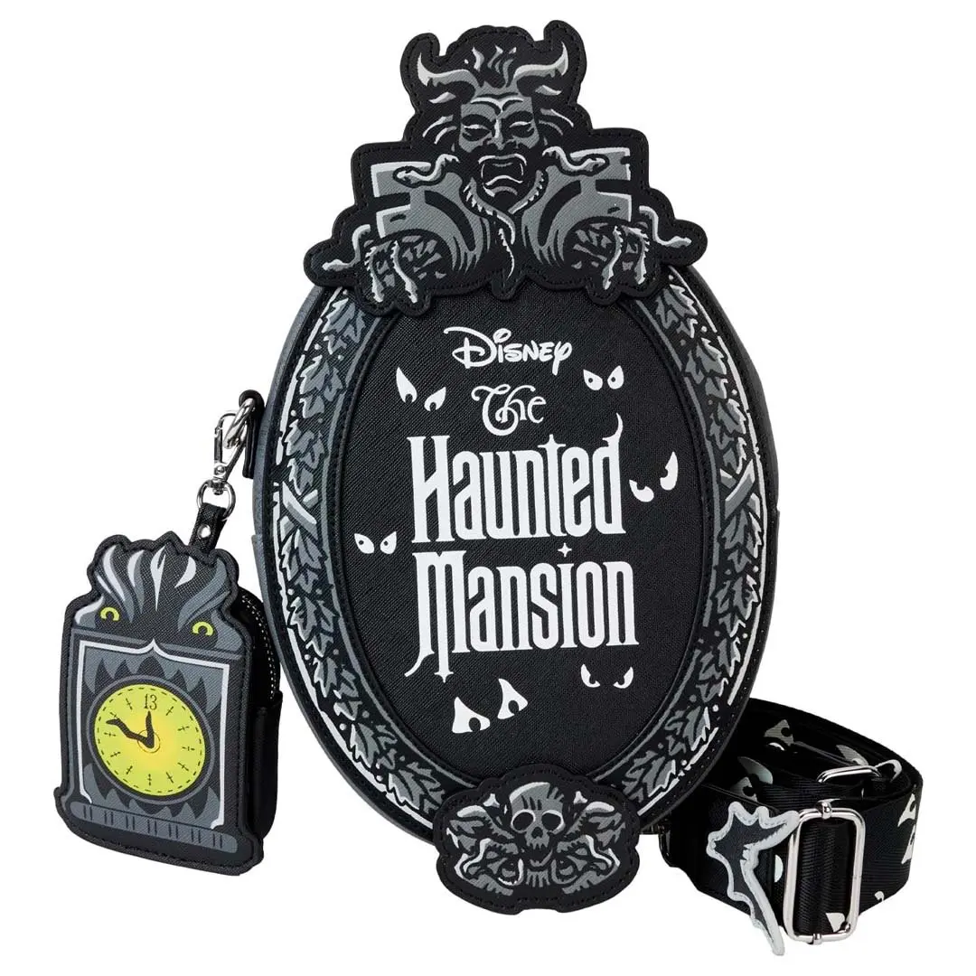 Loungefly Disney Haunted Mansion Plaque Faux Leather Crossbody Messenger Bag with Glow-in-the-Dark Accents and Clock Coin Pouch, Casual Crossbody Bag, Fashionable Bag