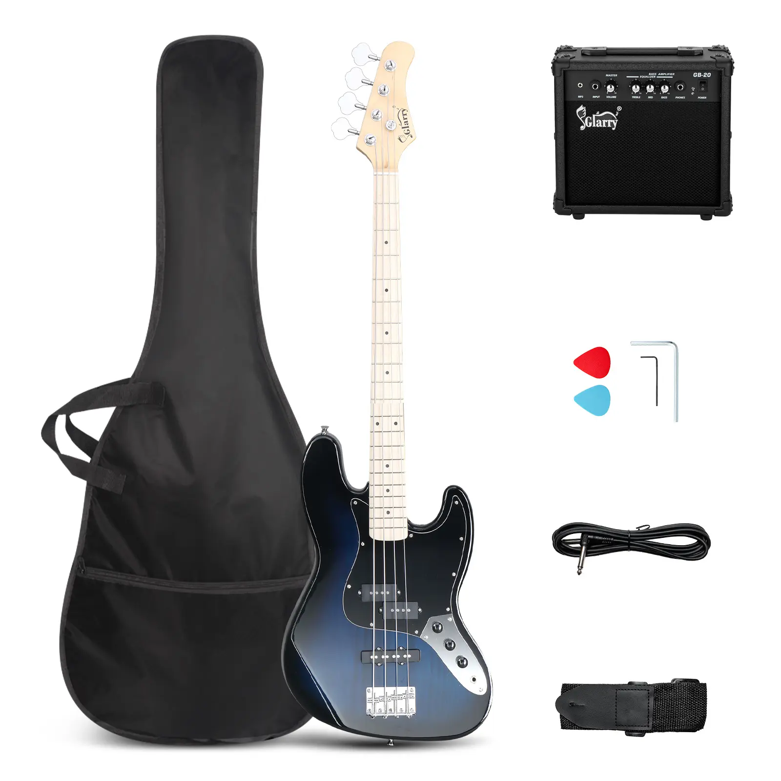 GLARRY Bass Guitar Full Size 4 String Exquisite Stylish Bass with Guitar Bag Power Line and Wrench Tool, Affordable Guitar, Guitar Learning Tools