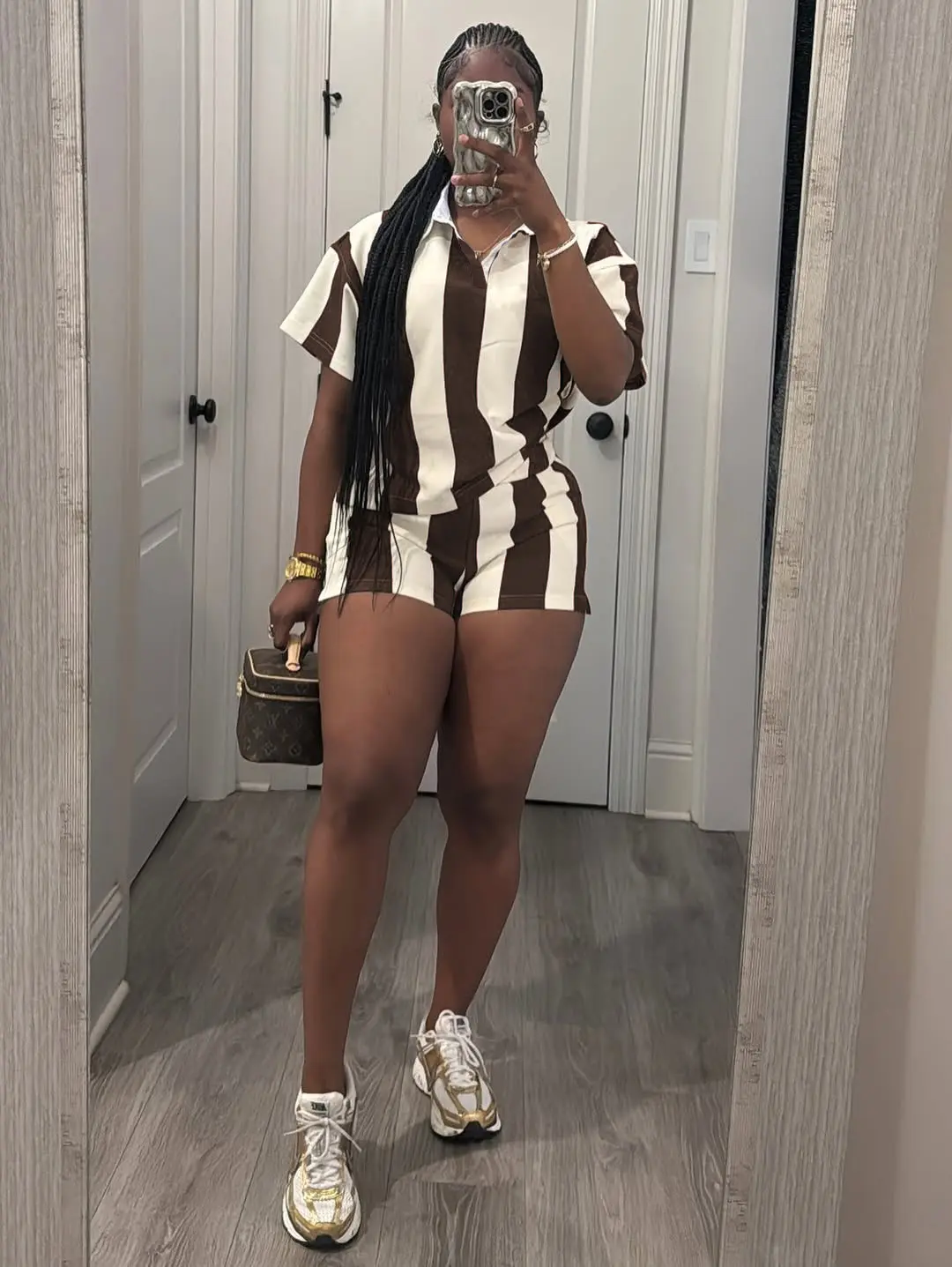 USBOUTIQUE CHIC Women's 2026 Spring Two Piece Set Striped Short Sleeve Top & Drawstring Shorts Casual Outfit for Comfort