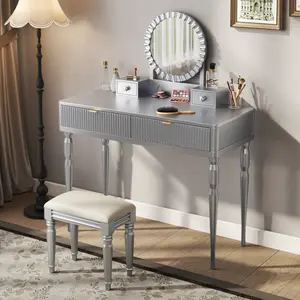 Luxury Vanity Desk with Round Mirror,Height-Adjustable, Stylish Dressing Table Set, 4 Drawers & Stool