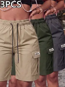 One pack contains 3 women’s summer street-style cargo athletic shorts with an elastic waistband, comfortable fit, side pockets, and a drawstring—casual shorts suitable for urban styles and everyday wear.