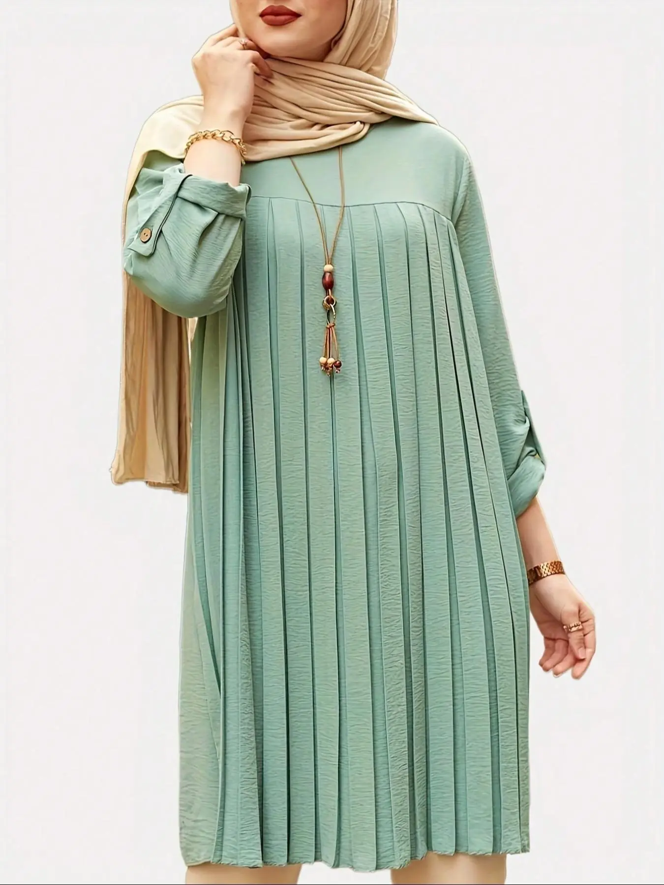 Women's Plain Textured Roll Up Sleeve Pleated Blouse, Casual Round Neck Longline Top for Daily Wear, Ladies Clothes for All Seasons Loose Fit Shirt, Loose Blouses, Plain Color Shirt