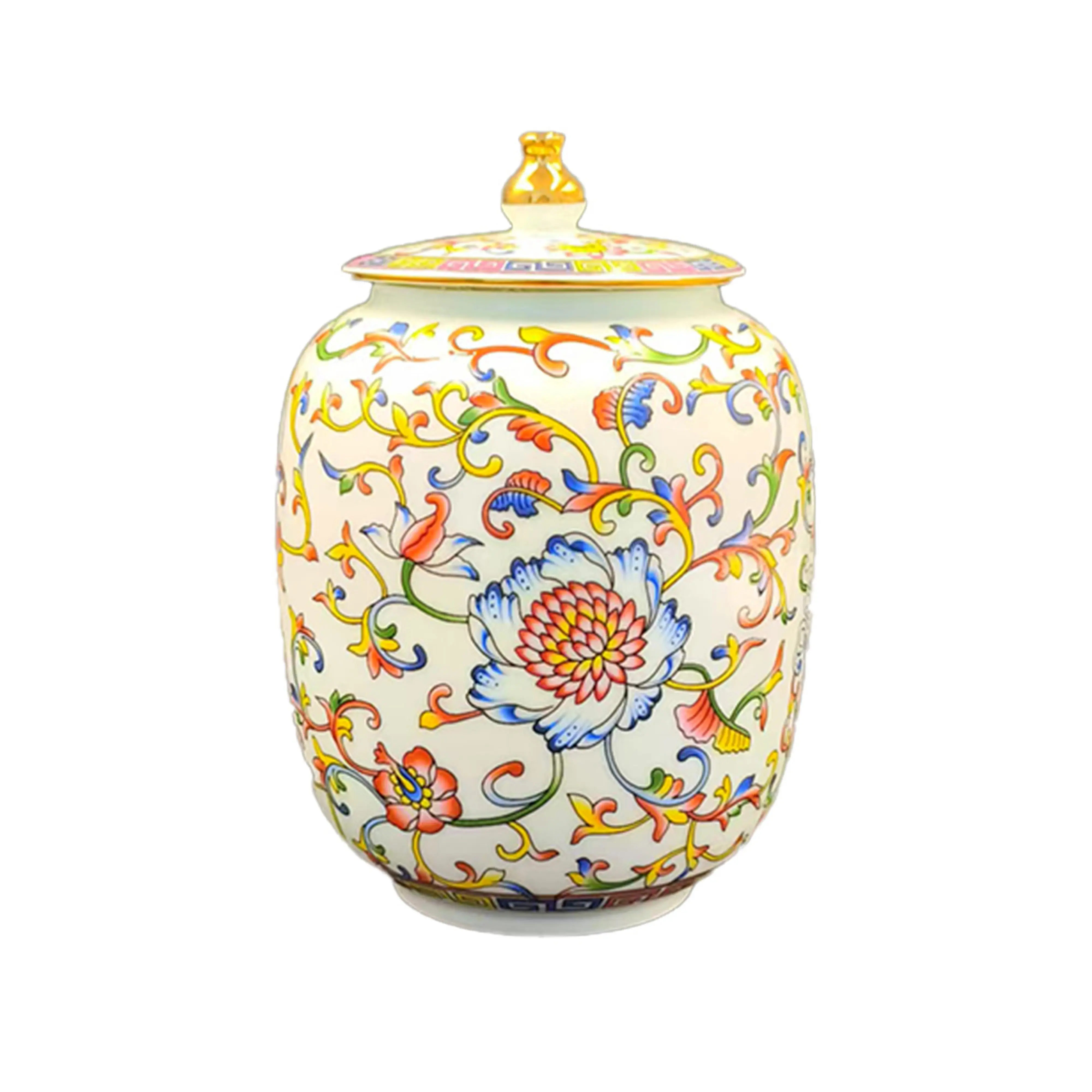 Traditional Chinese Style Hand-Painted Floral Round Waterproof Ceramic Ginger Jar with Lid, Gold Finial, Floral Gold Detail for Room Decor, Wedding & Casual Floor Home Organizing Display, Fresh Ginger Kept