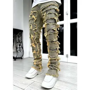 Elastic retro layered men's jeans, high-quality raw and ground denim, ripped and washed patch pants, new spring pants