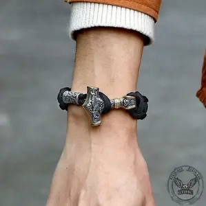 GTHIC Viking Thor's Hammer Braided Stainless Steel Paracord Bracelet for Men Daily Wear Statement Jewelry Father's Day Gift