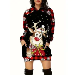 Fashionable and elegant hooded reindeer snowflake print Christmas women's dress, fashionable winter casual wear, perfect for holiday partiesRAIMENTRY