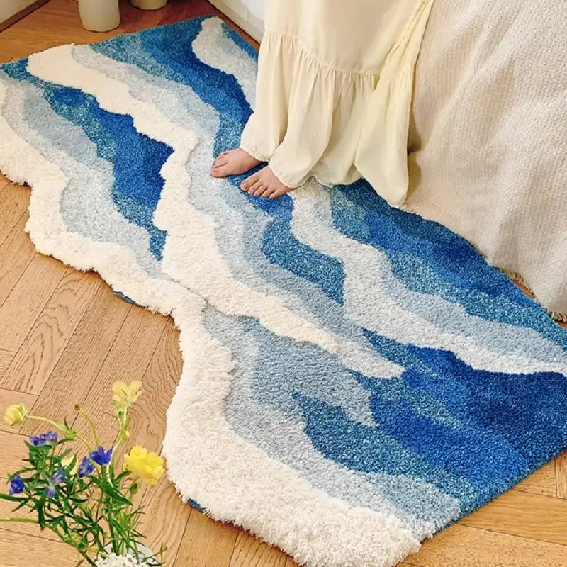 Blue Sea Pattern Tufted Rug Funny Japanese Style Tufting Rug Cute Flocking Carpet Floor Pad Anti Slip Doormat Aesthetic Home Pad Home Decorative Rug Home Decor Rugs House Decor Rug