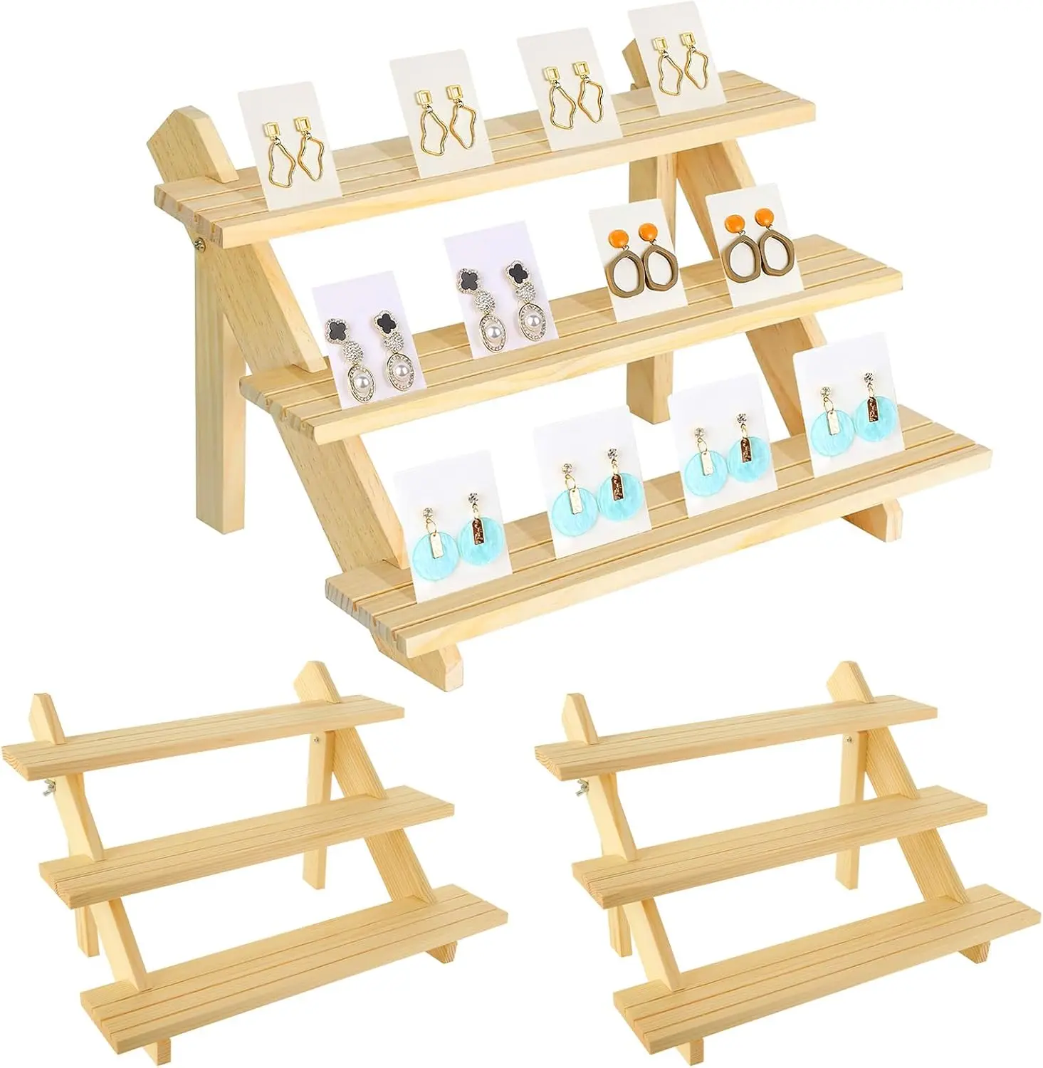 3-Tier Wooden Vanity Display Stand Riser - Home Organizer Storage Rack for Jewelry, Earrings; Portable Tabletop Rack for Craft Show Vendors