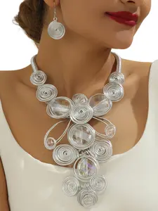 Bohemian Crystal Aluminum Wire Necklace Earrings Set, Casual Fashion Jewelry for All Seasons, Party and Festival Wear