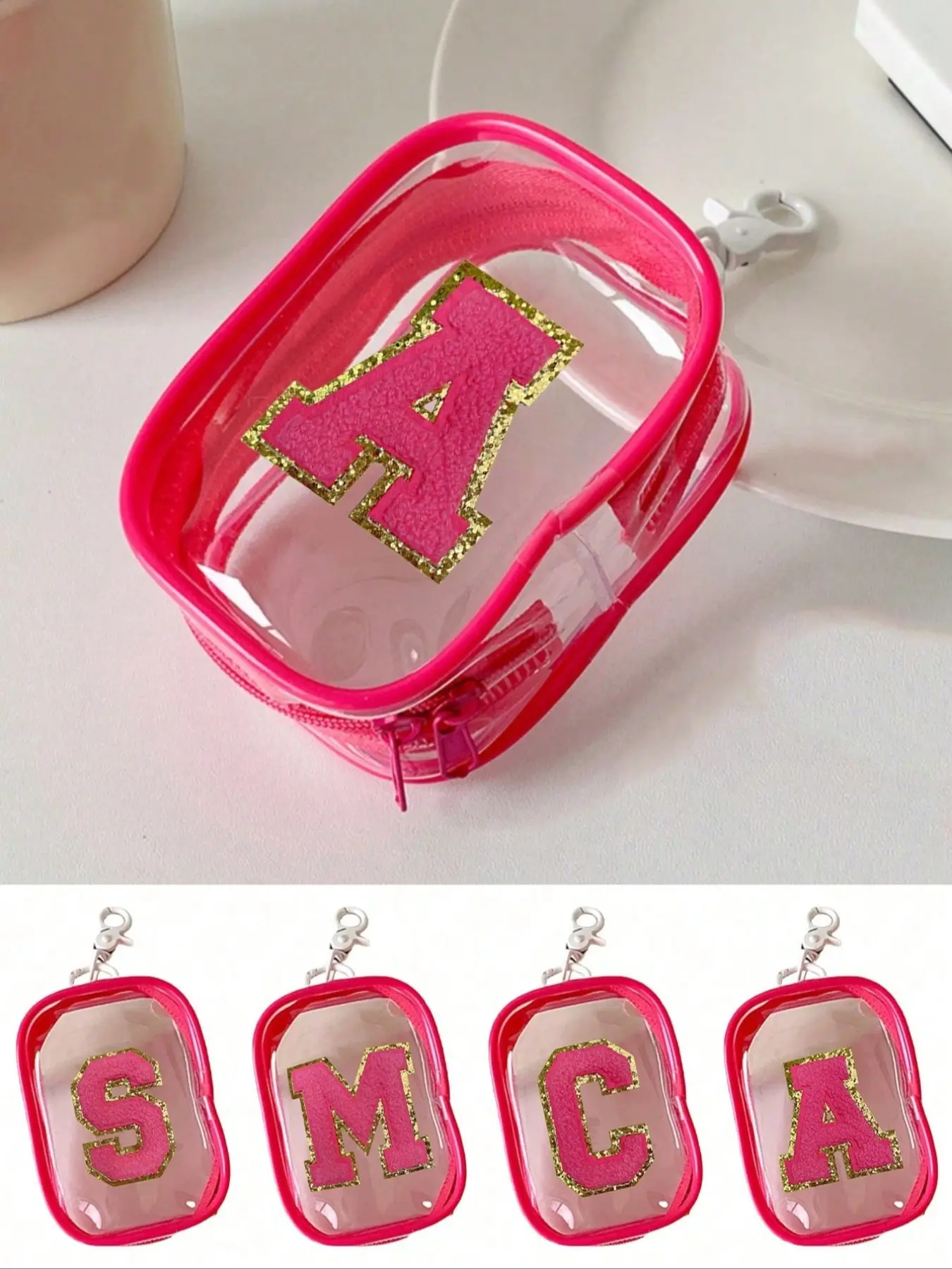 Portable mini transparent zipper storage bag, rose red towel with embroidered letters A-Z, compact multifunctional storage device, earphone and charger storage case with keychain, suitable for storing small items, cable storage bag, bracelet storage bag