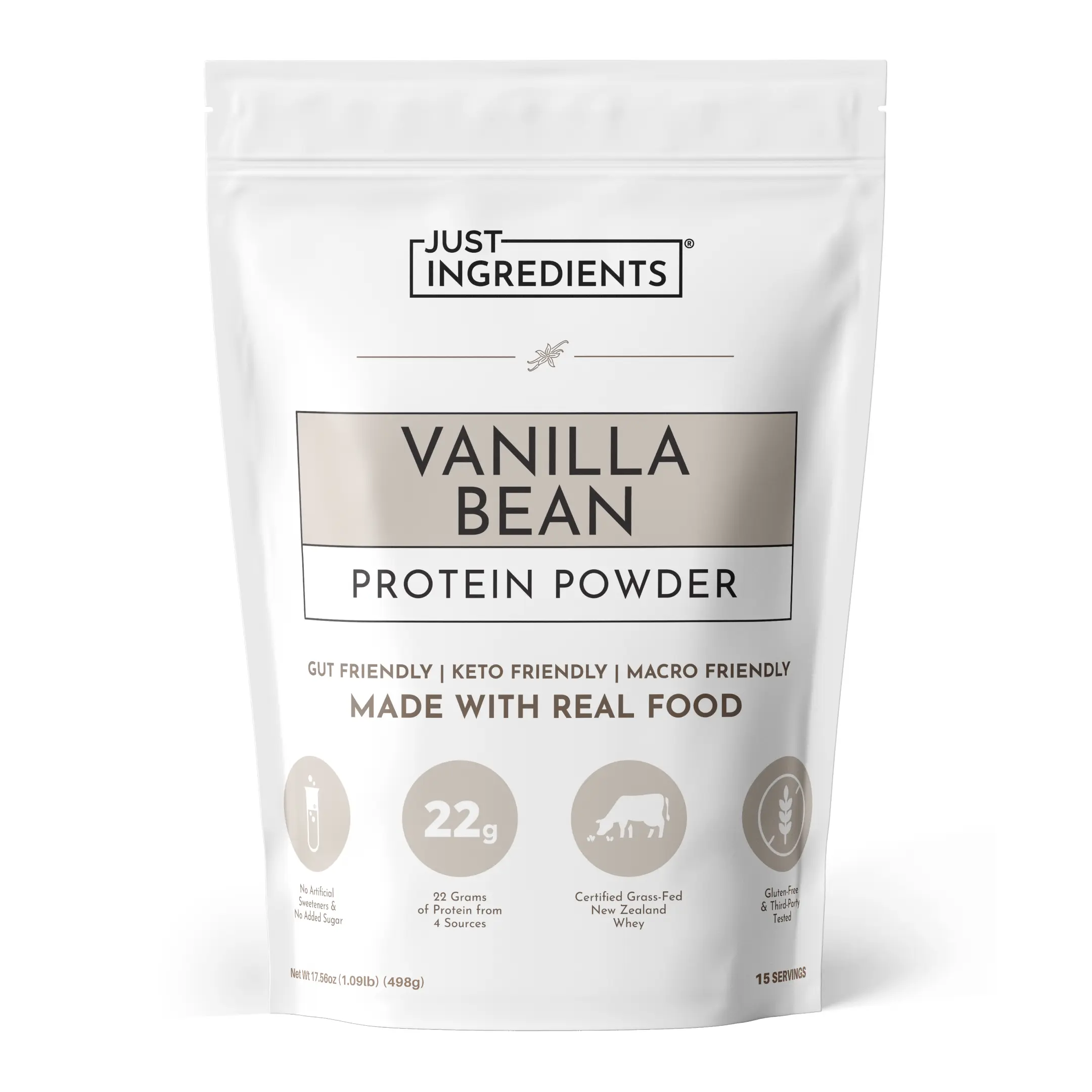 Just Ingredients Vanilla Bean Protein - 15 Serving Blend with 100% Grass-Fed Whey & Organic Plant Proteins – Real Vanilla Bean & Cinnamon – Supports Muscle Recovery, Energy*