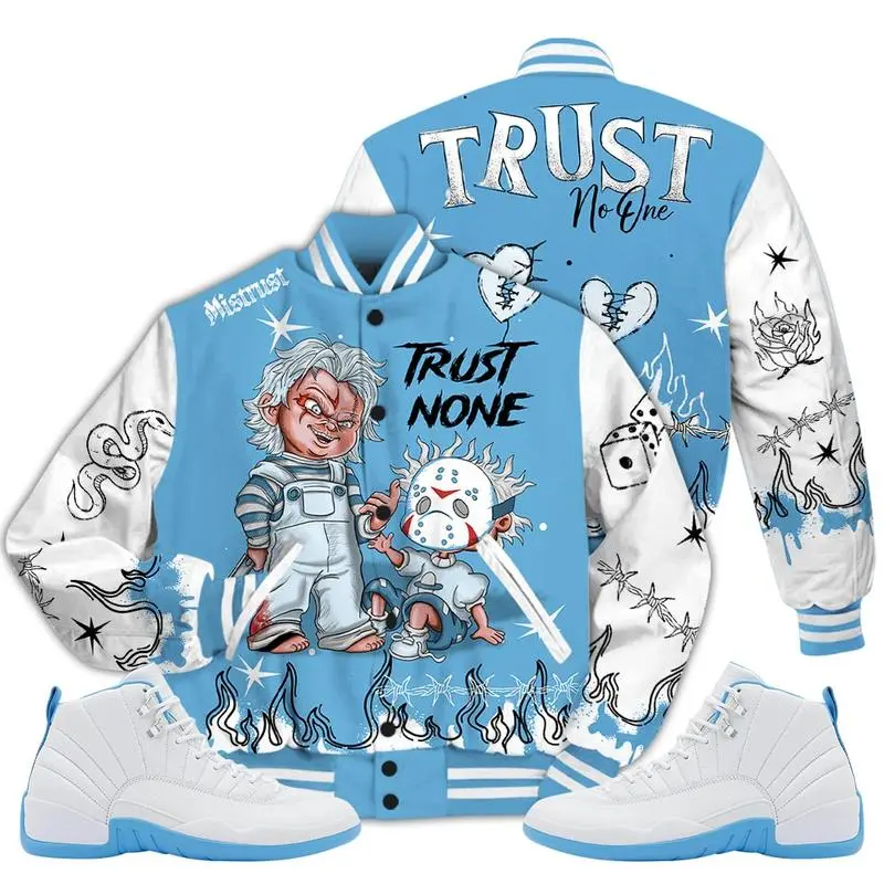 12 Melo Varsity Jacket, 2025 Retro Melo 12s Shirt, Trust None Graffiti Couples Matching Outfits, Unisex Baseball Jacket, Varsity Sport Coat, Casual Street Fashion