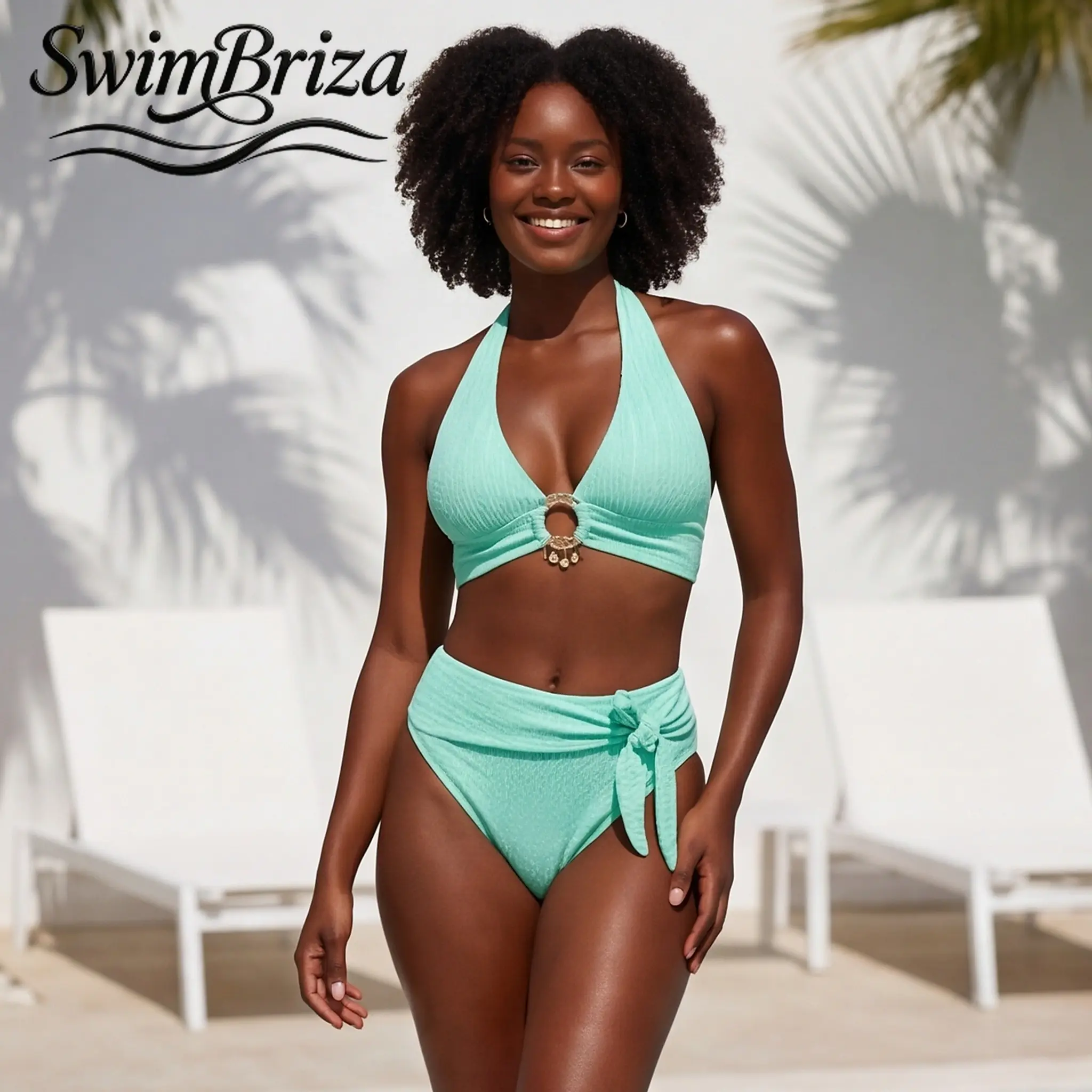 Briza｜Textured Crinkle Halter Bikini Set for Women High Waisted Mint Green Two Piece Swimsuit with Gold Ring Accent Retro Bathing Suit Cute Trendy Swimwear 2 Piece Bathing Suits for Vacation Beach Pool, Women's Swimwear, Bathing Suit for Women