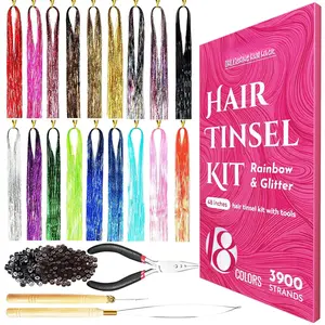 Glitter Hair Tinsel Extensions Kit 18 Colors with Tools and Beads, 48 Inch Sparkly Fairy Colorful Tensile Strands Shiny Hair Accessories for Women Girls