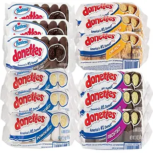 Hostess Donettes Variety Snack Cakes & Pastries - Powdered, Frosted, Double Chocolate, Crunch Flavors - 12 Packs (72 Donettes) | Dessert, Fruit-Inspired Snack Option