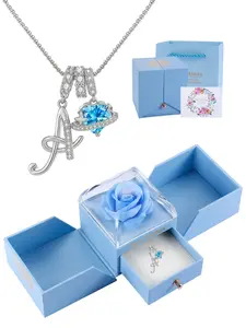 Women's Cz Birthstone Necklace with Rose Jewelry Box, A-Z Letter Pendant, Alphabet Necklaces, Elegant Gift for Wife Girlfriend Mom Daughter Birthday Christmas