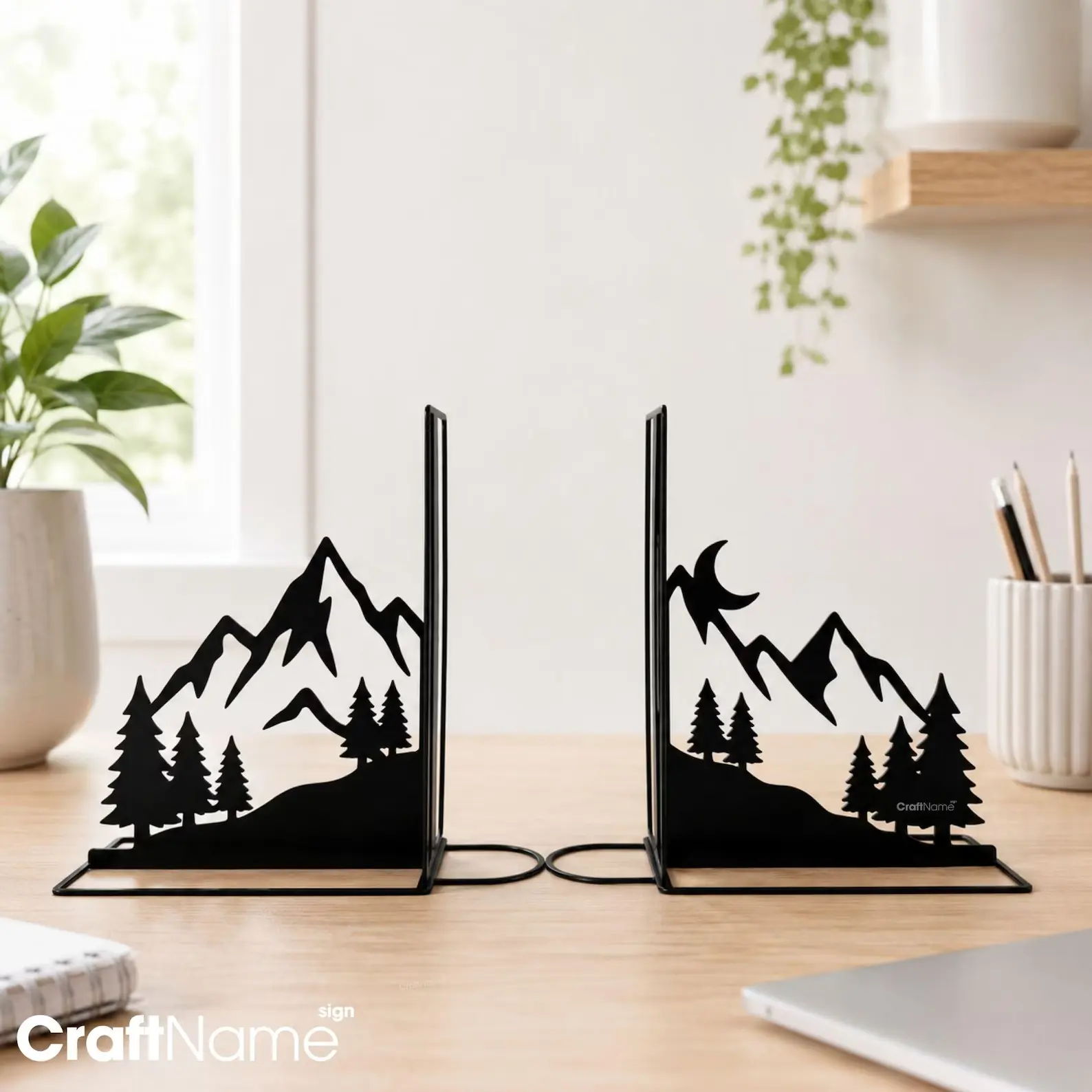 CraftNameSign Mountain & Pine Tree Metal Bookends, Decorative Book Holders for Bookshelf, Desk and Home Decor, Black Metal Forest Book Holders,5-12 Inches
