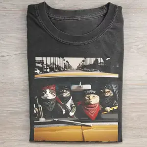 Vintage Gangster Cats Graphic Tee, Funny Cat Mafia Car Scene T-Shirt, Retro Street Cat Crew Shirt, Cool Cat Lover Gift