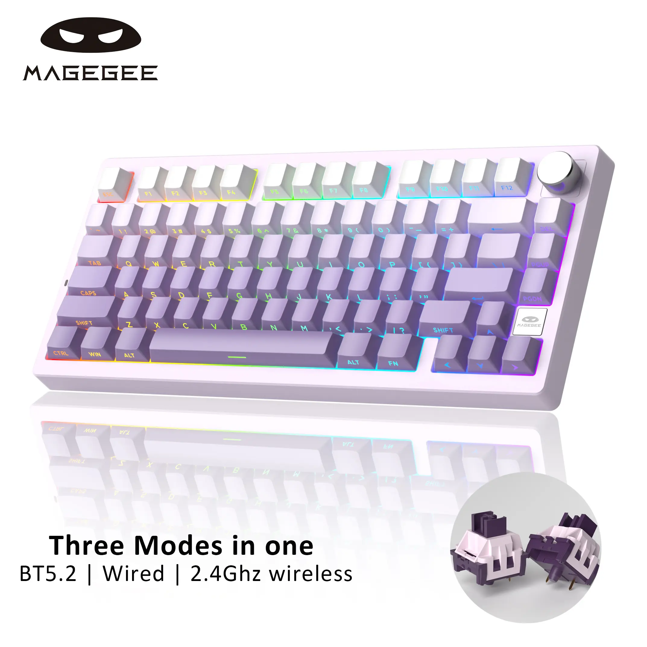 MageGee LIGHT75 Wireless Creamy Keyboard, Tri-Mode Bluetooth/2.4GHz/USB-C RGB Backlit, Gasket Hot Swappable Custom Gaming Keyboard for Win/Mac/PC, with Knob, Side Printed PBT Keycaps, Purple