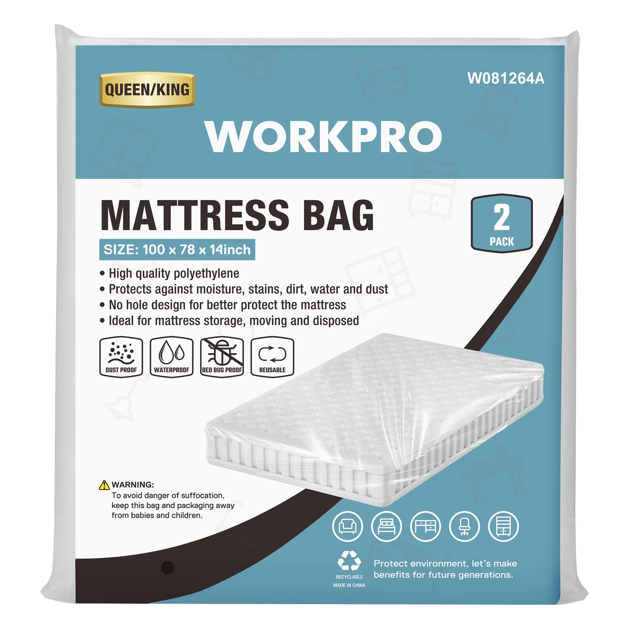 #summersale WORKPRO 2-Pack Queen/King Size Plastic Mattress Bags for Moving, 2mil Thick Water-Resistant Mattress Protector Storage Covers, Tear-Resistant Mattress Disposal Cover (78"x100")