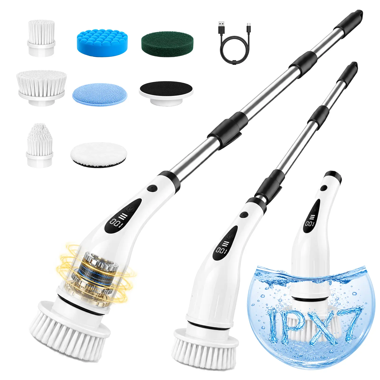 Cordless Electric Spin Scrubber - Powerful Cleaning Tool, IPX7 Waterproof, USB Rechargeable Scrubber with 8 Rotating Cleaning Brushes, Adjustable Speed, Extendable Handle, Long Battery Life for Bathroom, Kitchen (SummerVibes)