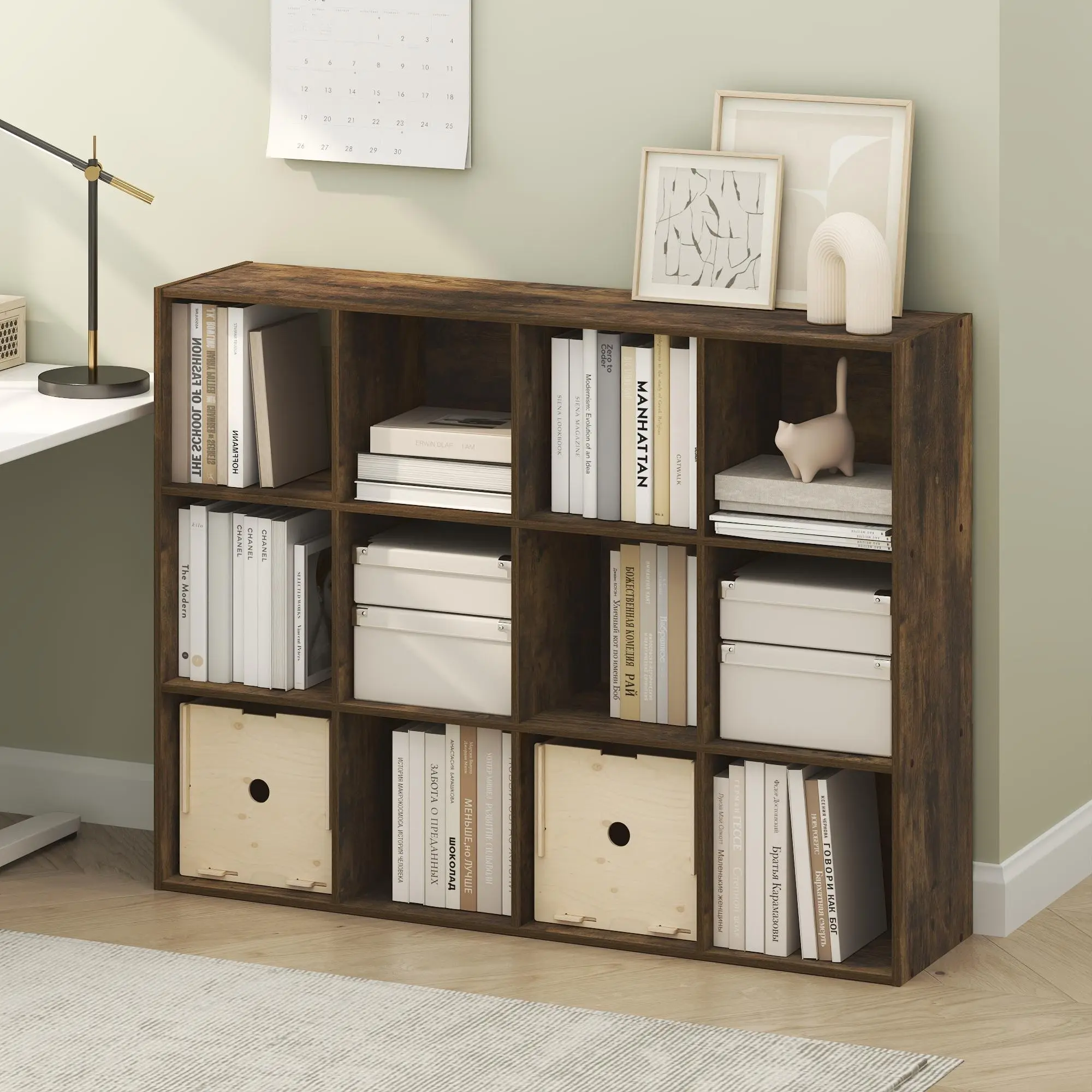 12-Cube Composite Wood Modern Bookshelf Rack - Space-Saving Cube Storage Unit, 11.7x47.6x36in, for Minimalist Bedroom, Living Room