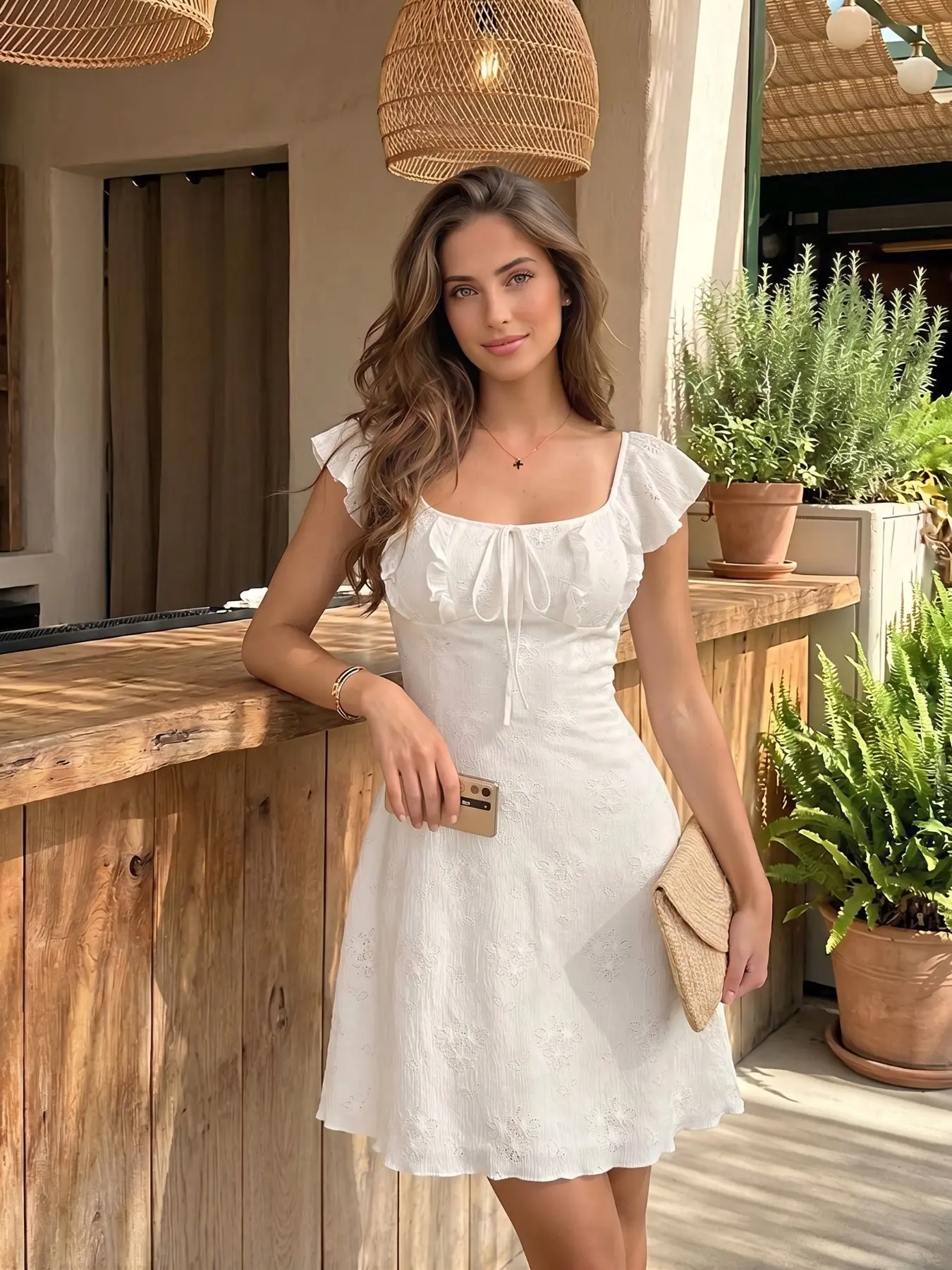 Women's Square Neck Embroidered Short Feminine Casual Dress, Ruffle Sleeve Front Tie A-Line Dress, Perfect for Brunch and Summer Parties