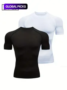 Men's Plain Round Neck Sports Tee, Quick Drying Breathable Short Sleeve Compression T-shirt, Crew Neck Raglan Sleeve Tops for Outdoor Activities, Activewear