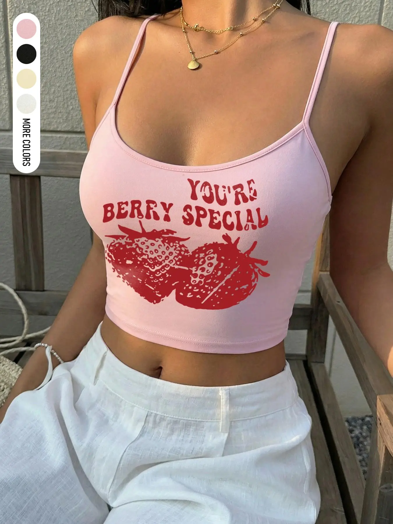 Women's Summer Daily Sweet & Soft Girl Style Strawberry Letter Print Spaghetti Strap Cropped Cami Tank Top Home Outdoor City Slim Trend Casual Elegant Youth Simple Versatile Texture Temperament Literary Art
