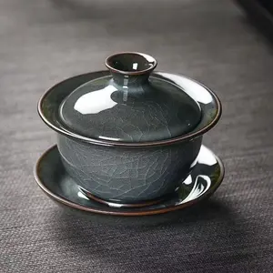 [Longquan Celadon Iron Body] Ice Crackle Three-Talents Gaiwan, 180ml Gongfu Tea Vessel, Hand-Crafted Crackle Glaze, High-Temperature Fired Original Ore Glaze, Retro Chinese Tea Set Gift Box, Ideal for Holidays & Housewarmings