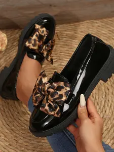 Women's Leopard Bow Chunky Heel Loafers, Slip-On British Style Small Leather Shoes, Versatile Mid-Calf Commuter Single Shoe