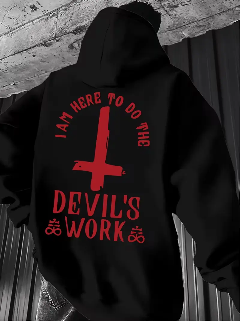 Women's Long Loose Layered Cargo Hoodie - Gothic Punk Street Trend, Inverted Cross Print, Vintage Red Letter Fleece Fabric, White Option