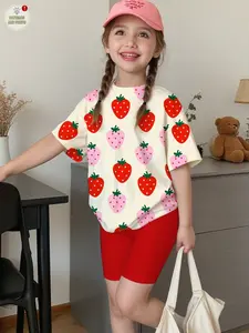 Sweet Strawberry Digital Print Set, Summer Casual Girls', Casual Outfit Set, 2-Piece Girl T-Shirt and Tight Cycling Shorts, Comfortable Elastic Waist Pants
