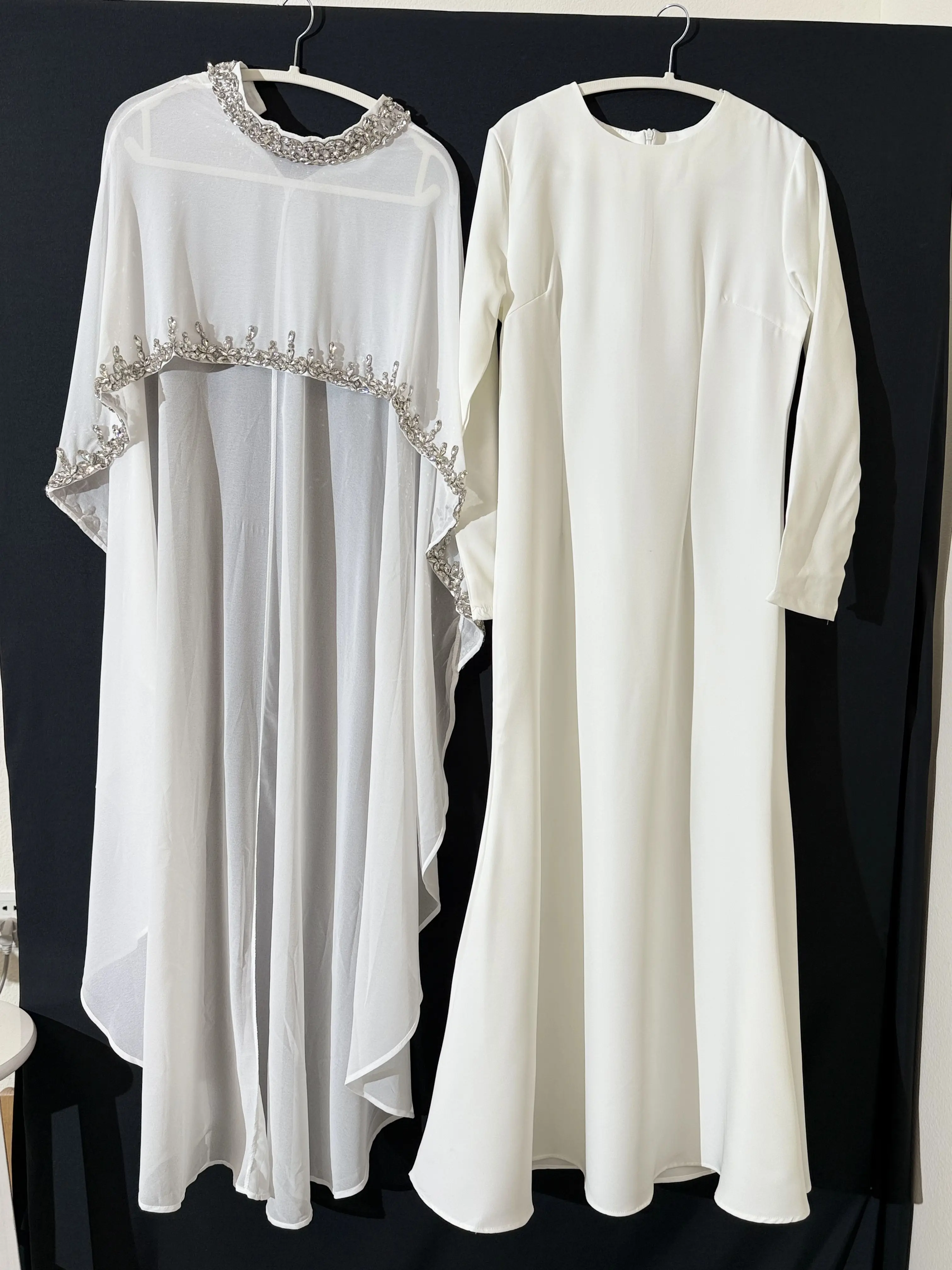 Women's Islamic Modest Hijabi Fashion 2-Piece Celestial Rhinestone Abaya Set - Chiffon Abaya, Matching Cape, Luxury Evening Wedding Outfit (MA251)