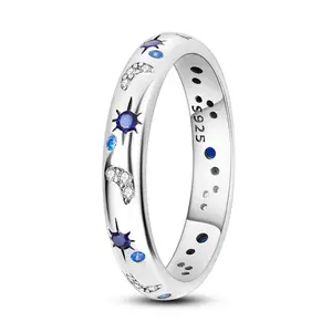 Celestial Star & Moon Ring 925 Sterling Silver, Blue Gems, Star/Moon Motifs For Celestial Jewelry, Daily Wear,For Stackable Jewelry Lovers, Everyday Wear Women's Rings