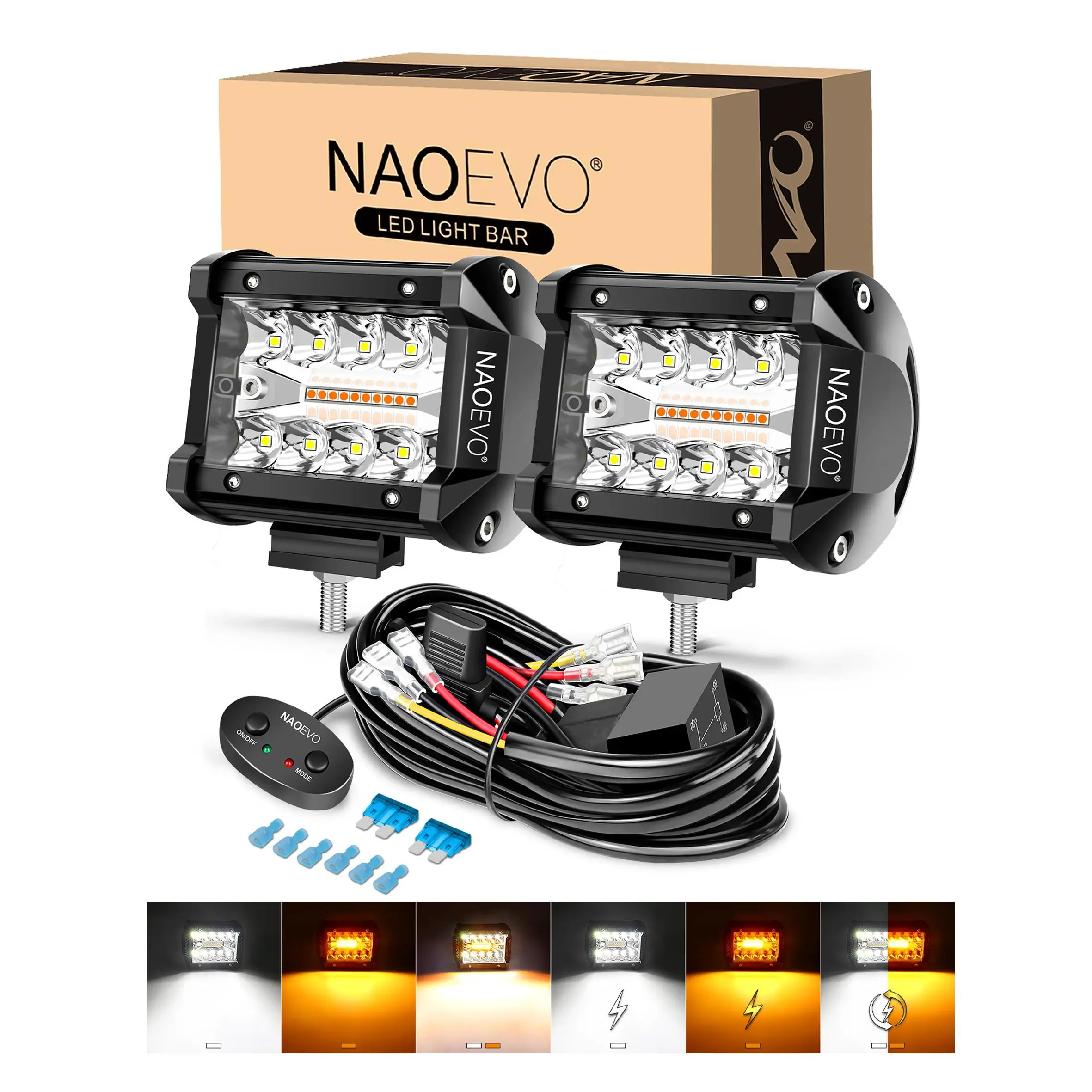 NAOEVO 4 Inch LED Pod Lights, Small LED Light Bar with 2 Leads Wiring Harness, LED Cube Work Lights for Truck Boat ATV UTV, 2 Pcs