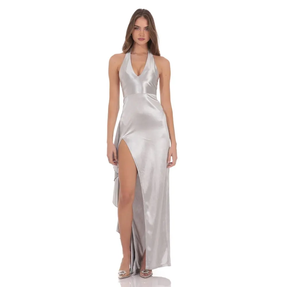 Satin Plunge Neck Halter Maxi Dress in Silver