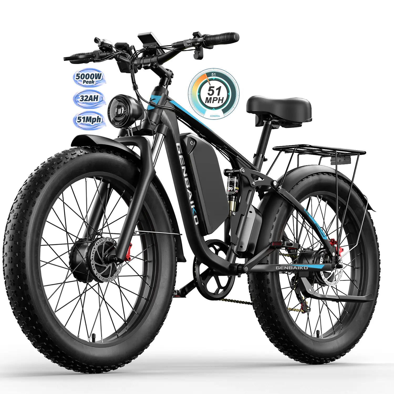 Ebike for Adults Electric 5000W Peak Dual Motor 51MPH Fast Ebike 32Ah 52V Full Suspension 26" Fat Tire E Bikes for Men with Hydraulic Brake Electric Bicycle