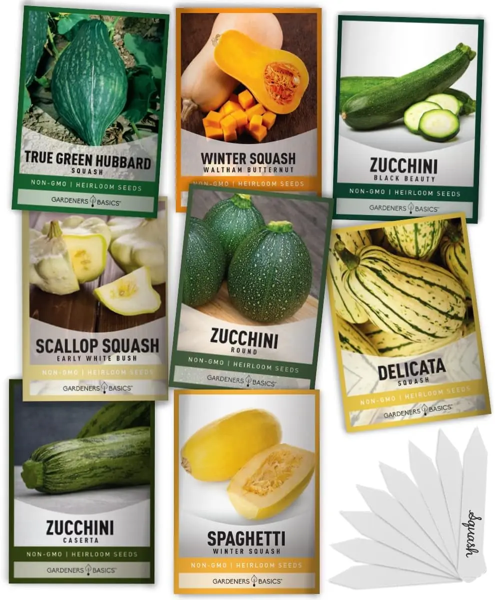 Squash Seeds Variety Pack for Planting, 8 Heirloom Non-GMO Squash Varieties Including Zucchini, Delicata, Butternut, Spaghetti, Scallop, Caserta, Round & Hubbard